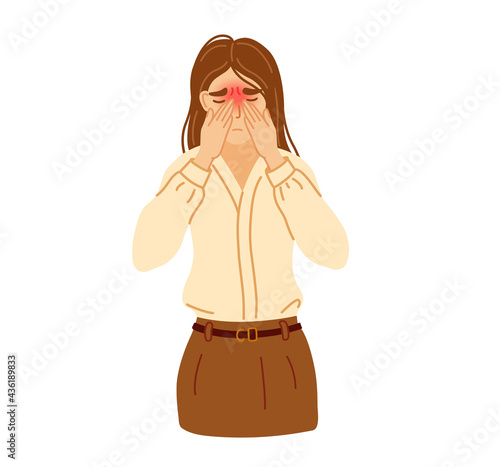 Young woman in office clothes suffering from sinus headache, sinusitis and pain, pressing hand to her throbbing temples. Vector hand-drawn illustration.