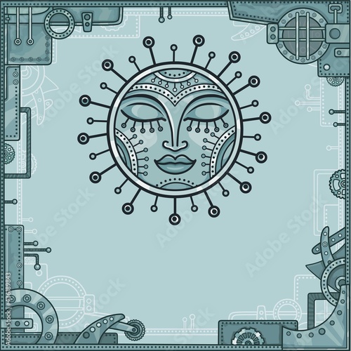 Fantastic image of the iron sun. Metal amulet. A background - a frame from iron details, the steel mechanism. Vector illustration.