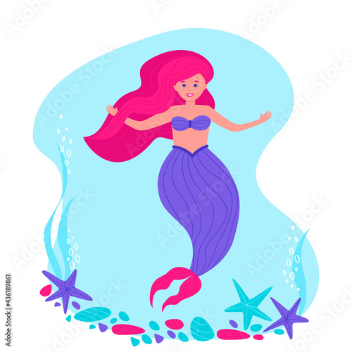 A plump little mermaid on a light background. Fairytale hero for the design of children's products. Neon bright colors. Flat vector illustration.