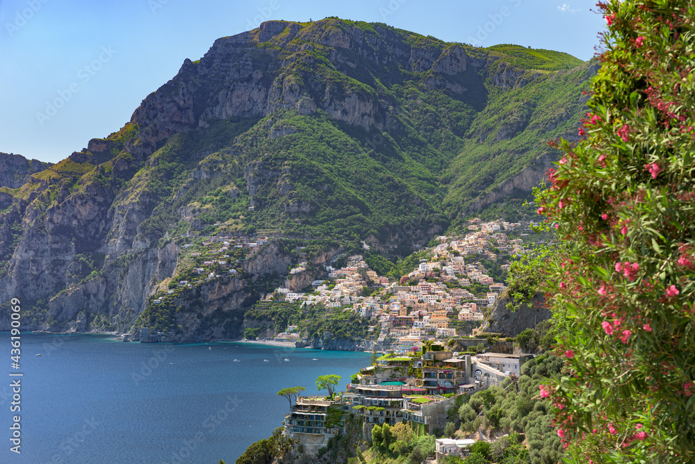 Positano, Italy. May 27th, 2020. Generic view from afar of Positano and the bay in front of it surrounded by the high coast of the Amalfi Coast.