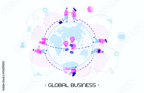 The international cooperation. holding business meetings. Small business support. Delivery of goods by air. Placing an order anywhere in the world. Modern flat people vector illustration. Veсtor