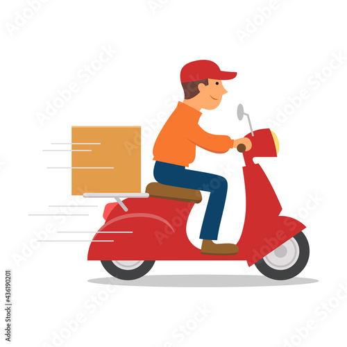 Delivery man riding motorcycle, Send order package to customer, Express delivery bike service, Flat design vector illustration