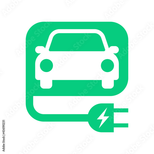 Electric car with plug icon symbol, EV car, Green hybrid vehicles charging point logotype, Eco friendly vehicle concept, Isolated on black background, Vector illustration
