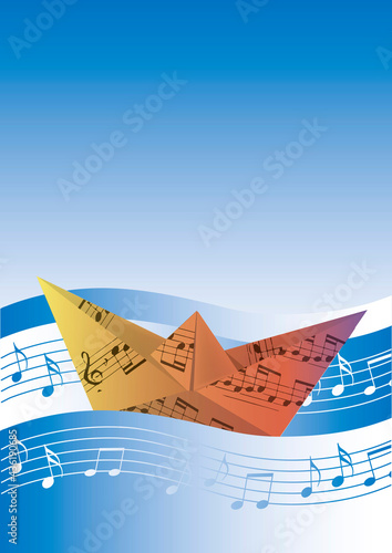 Origami boat with musical notes on musical waves.
Illustration , poetic motif Useful for music events. Vector available.