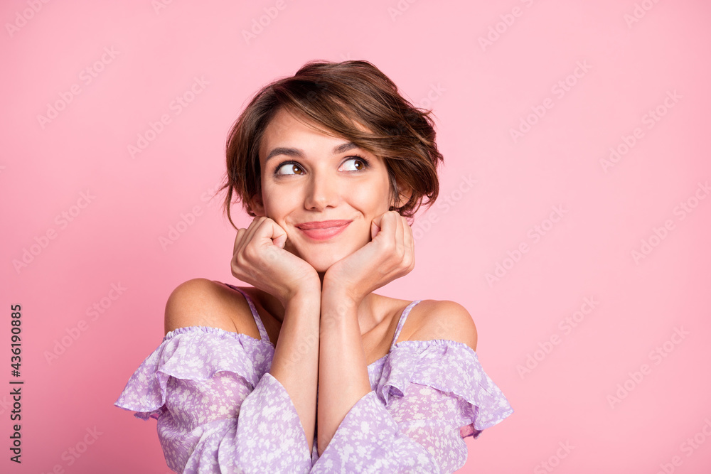 Portrait of young happy positive lovely sweet dreamy girl look copyspace wear off shoulders blouse isolated on pink color background Portrait of young happy positive lovely sweet dreamy girl look copyspace wear off shoulders blouse isolated on pink color background