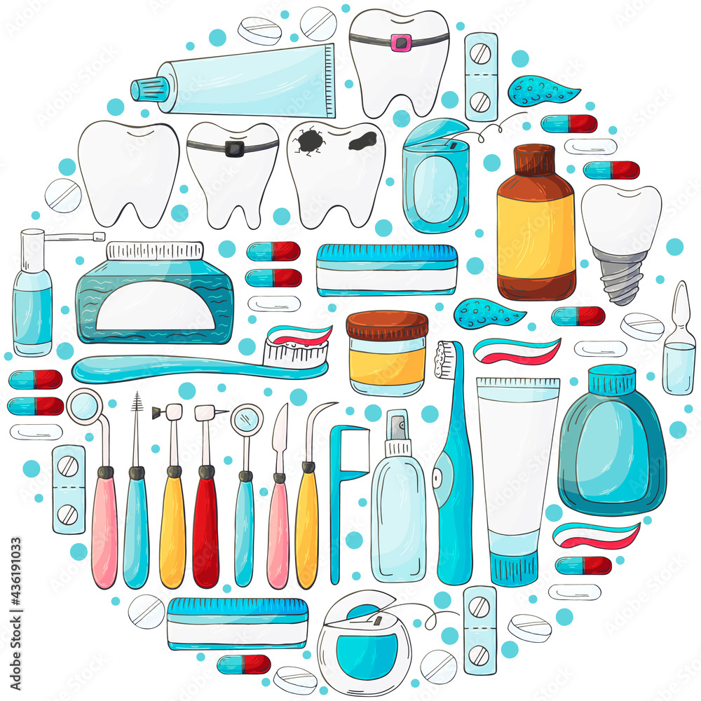 Round collection of vector illustrations. Set of elements in hand draw style. Teeth cleaning Round collection of vector illustrations. Set of elements in hand draw style. Teeth cleaning