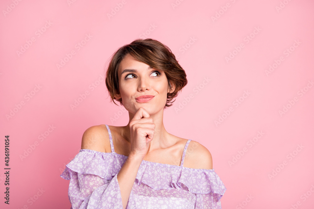 Portrait of young beautiful happy smiling thoughtful girl look copyspace thinking isolated on pink color background Portrait of young beautiful happy smiling thoughtful girl look copyspace thinking isolated on pink color background