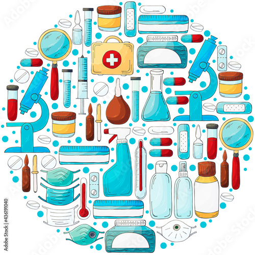 Round collection of vector illustrations. Laboratory assistant doctor tools set in hand draw style. Doctor's case