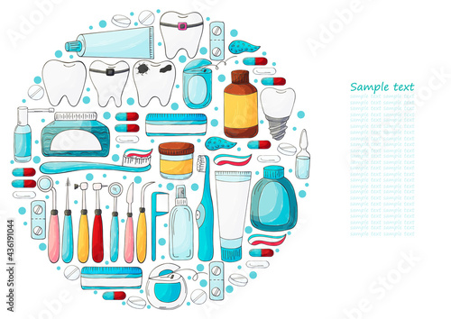 Round collection of vector illustrations, text. Set of elements. Teeth cleaning, dental instruments