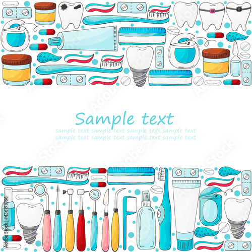 Rectangular frame, text. Set of elements. Teeth cleaning, dental health, dental instruments
