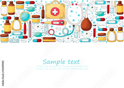 Rectangular flyer, banner. Set of doctor's tools in hand draw style. Ambulance doctor tools, medical case