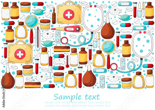 Rectangular flyer, banner. Set of doctor's tools in hand draw style. Ambulance doctor tools, medical case