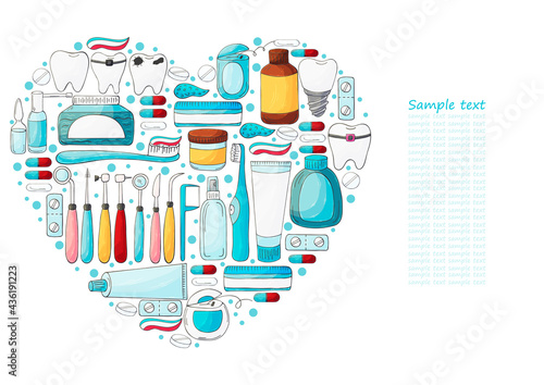 Heart collection of vector illustrations, text. Set of elements for the care of the oral cavity in hand draw style