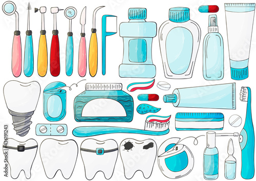 Collection of vector illustrations. Set of elements for the care of the oral cavity in hand draw style. Teeth cleaning