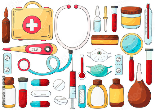 Collection of vector illustrations. Set of doctor's tools in hand draw style. Ambulance doctor tools, medical case