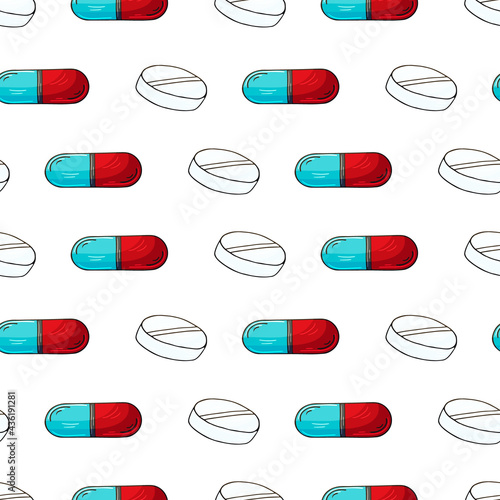 Vector Seamless pattern on a white background. Cartoon medical drugs in hand draw style. Background for packaging