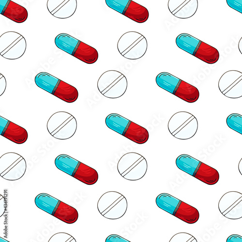 Vector Seamless pattern on a white background. Cartoon medical drugs in hand draw style. Background for packaging, advertising of tablets