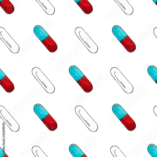 Vector Seamless pattern on a white background. Cartoon medical drugs. Background for packaging, advertising