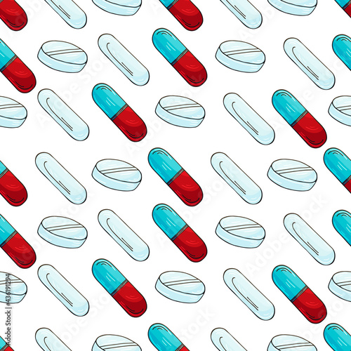 Vector Seamless pattern on a white background. Cartoon medical drugs in hand draw style. Background for packaging, advertising