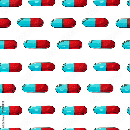Seamless pattern on a white background. Cartoon medical drugs in hand draw style