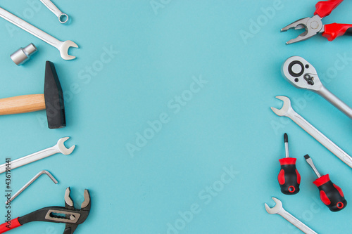 Working tools on a blue background. Father's day celebration concept. Copy plasticity for text.