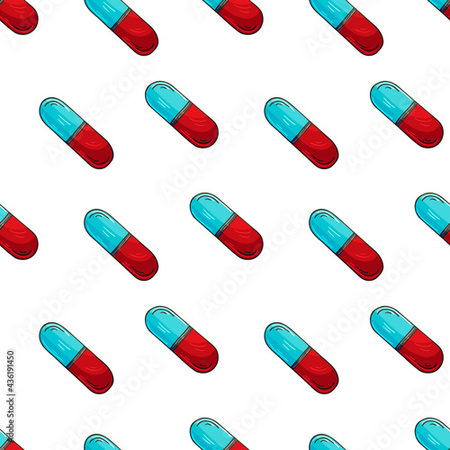 Seamless pattern on a white background. Cartoon medical drugs in hand draw style