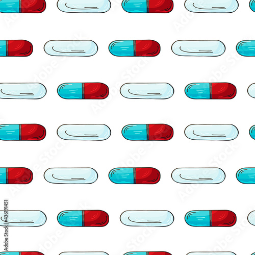 Seamless pattern on a white background. Cartoon medical drugs in hand draw style. Background for packaging