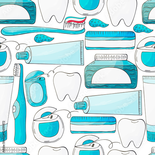 Seamless pattern on a white background. Cartoon elements in hand draw style. Background for packaging, advertising