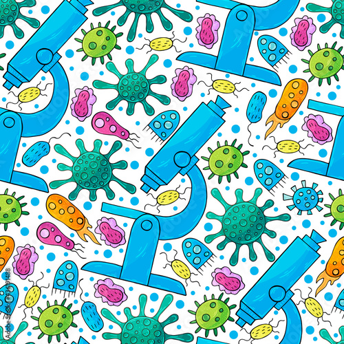 Seamless pattern bacteria and microbes. Search for viruses, microscope. Cartoon microbes in hand draw style. Coronavirus
