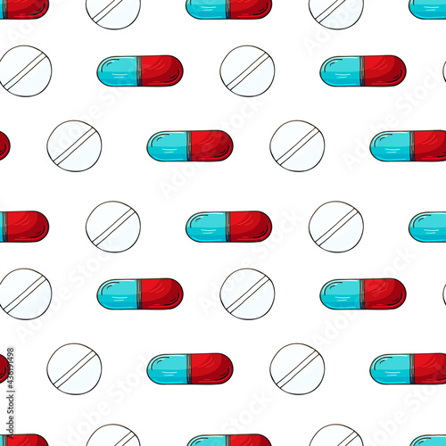 Cartoon medical drugs in hand draw style. Seamless pattern on a white background. Background for packaging, advertising