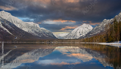 Lake McDonald, mountains reflecting in the water in Glacier National Park, Montana, USA