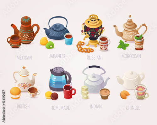 Big variety of tea cups kettles and flavours. Vector images for posters of tea shops and cafes.