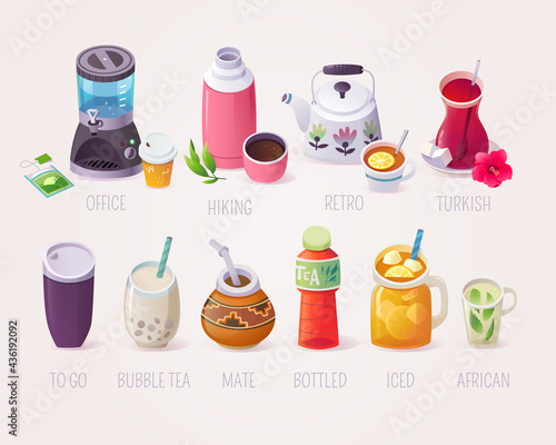 Big variety of tea cups kettles and flavours. Vector images for posters of tea shops and cafes.