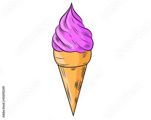Realistic ice cream with a waffle tube on a white background with frosting. Vector illustration.