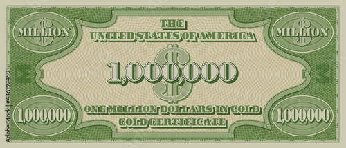 Fictional reverse of a gold certificate with a face value of 1,000,000 dollars. US paper money one million. Part two