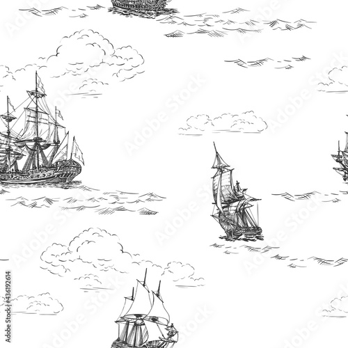 Sailing frigate, seamless pattern hand drawing. Sea or ocean transport, marine pirates theme. Vector