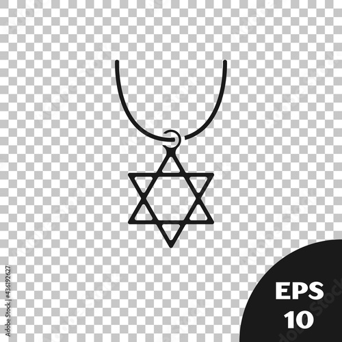 Black Star of David necklace on chain icon isolated on transparent background. Jewish religion symbol. Symbol of Israel. Jewellery and accessory. Vector