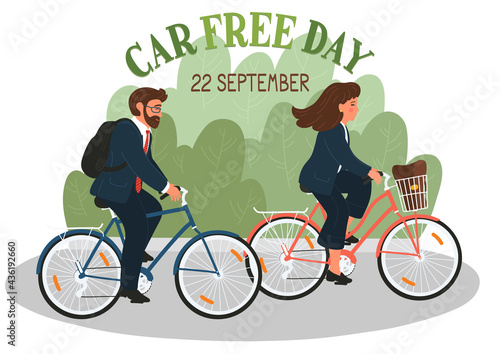 Car free day. Woman and man in formal clothes on bicycles with lettering. Businesswoman and businessman cycling to work.