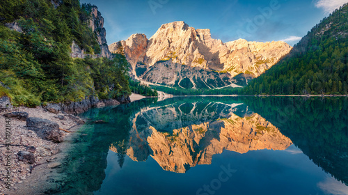Photos Calm morning view of Braies (Pragser Wildsee) lake