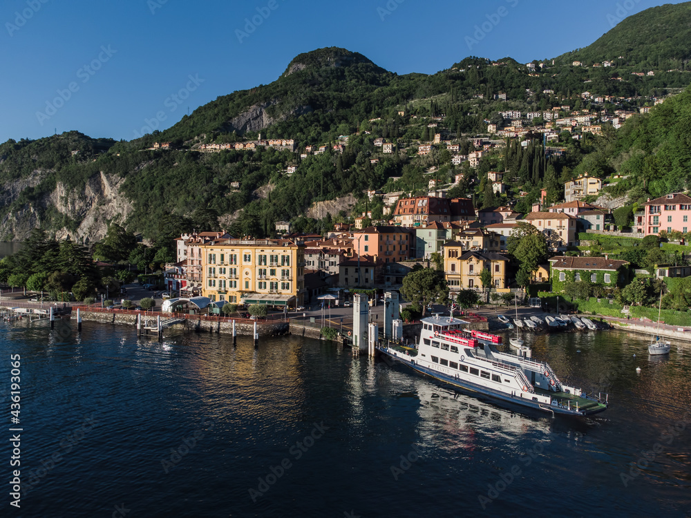 Varenna, Italy - may 25, 2021: Stelvio Ferry Boat at Varenna Dock on Lake Como. Varenna, Italy - may 25, 2021: Stelvio Ferry Boat at Varenna Dock on Lake Como.