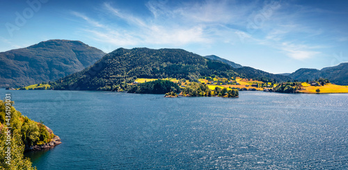 Bright summer scene of Norway, Europe. Picturesque morning seascape of Norwegian sea. Traveling concept background..