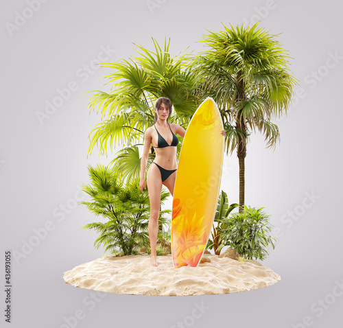 Unusual 3d illustration of beautiful slender female with surfboard on tropica...