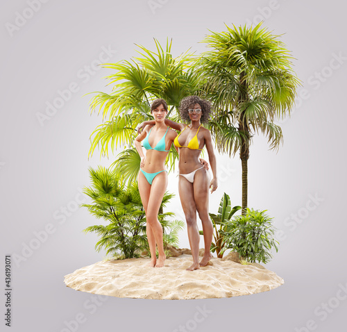 Unusual 3d illustration of beautiful slender women on a tropical island at th...