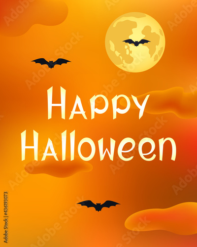 Halloween card. Full moon, clouds and bats. Vector illustration.