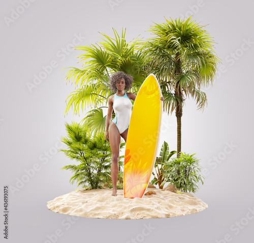 Unusual 3d illustration of slender black woman with surfboard on tropical isl...