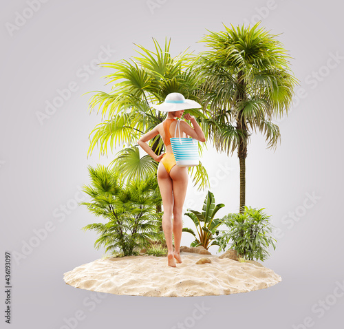 Unusual 3d illustration of a slender female with handbag on a tropical island...
