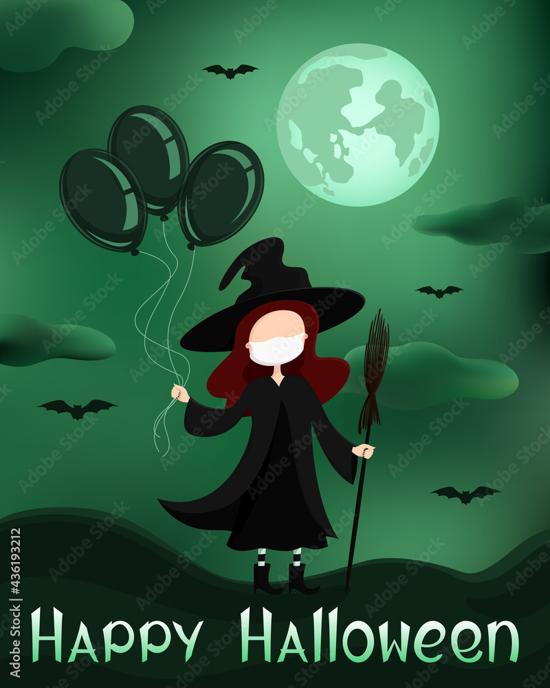 Halloween poster. Witch in medical mask. Vector illustration.