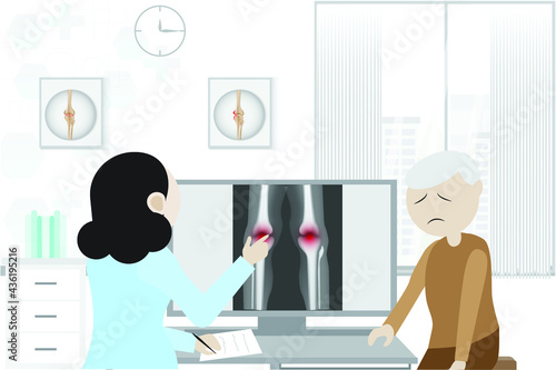 Illustration of Doctor and patient at Orthopedic clinics. Patient with knee pain consulting doctor in the hospital,medical health care anatomy vector illustration.