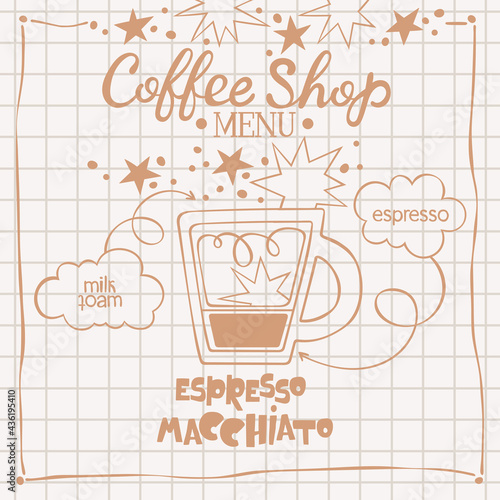 Espresso Macchiato. Coffee shop menu. Coffee cup. Lettering. Coffee drink recipe. Isolated vector object. Beige and brown. Checkered background.