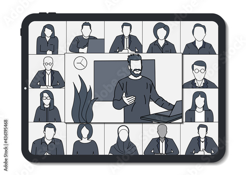 Illustration flat design concept video conference online meeting work from home online learnig video streaming
